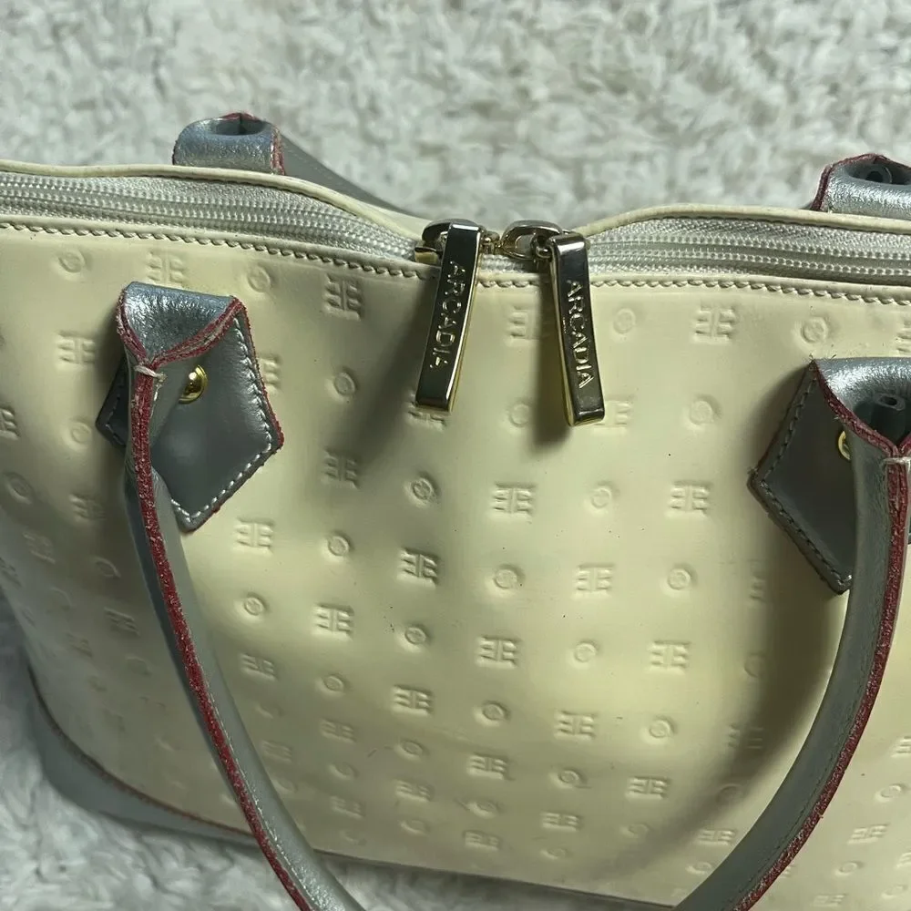 Arcadia leather Patent Leather Cream and Silver Dome style medium Satchel.